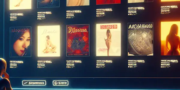 A modern digital interface showcasing a vibrant library of high-definition adult films in a cozy, inviting atmosphere.