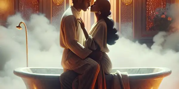 A romantic couple embraces in a luxurious, steam-filled bathroom with a soaking tub and candlelight.