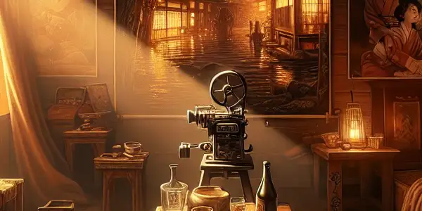 A nostalgic Japanese room with retro decor, a film projector, and warm, intimate lighting.