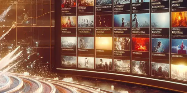 A modern digital interface displaying a vast collection of Japanese adult films with vibrant thumbnails and cultural elements.