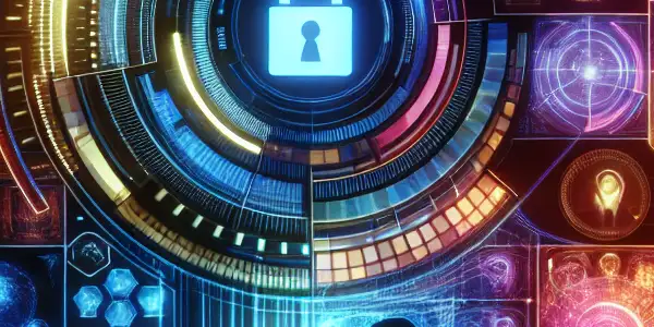 A futuristic adult entertainment platform interface featuring vibrant colors, abstract shapes, and symbols of safety and security.