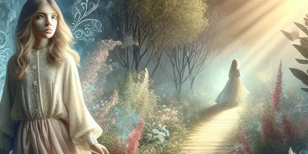 A young woman explores a vibrant garden, embodying innocence and curiosity amidst a dreamy, ethereal landscape.