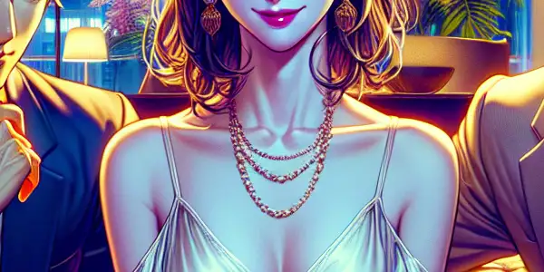 A dynamic scene featuring a confident woman and two contrasting men in an intimate, softly lit environment.