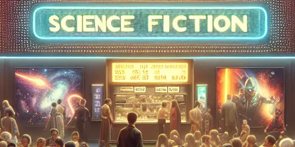 A lively cinema lobby filled with diverse moviegoers discussing films, featuring a digital marquee and a stylish concession stand.