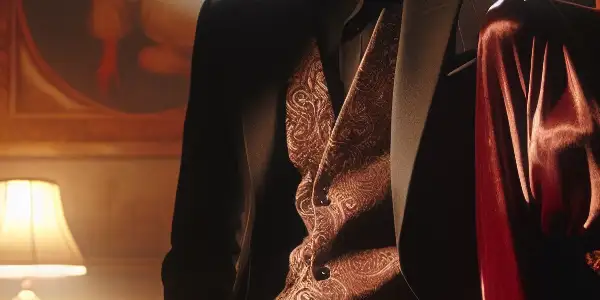 A passionate couple in an upscale, dimly lit bedroom, surrounded by luxurious fabrics and intimate ambiance.