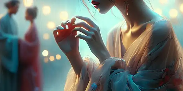 A serene portrait of actress Wu Qianlian in an elegant gown, set in a romantic garden with cherry blossoms.