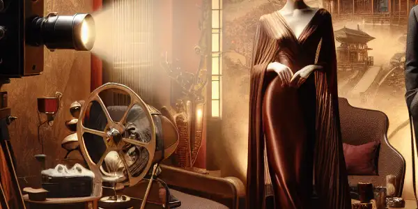A stylish film set featuring actors in elegant costumes, illuminated by a retro projector against a Japanese architectural backdrop.