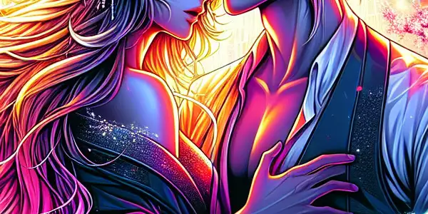 A vibrant Tokyo nightlife scene showcasing two characters in an intimate moment, surrounded by neon lights and cherry blossoms.