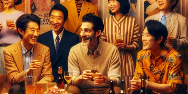 A lively celebration party for a film completion in the Japanese adult film industry, featuring diverse actors and colorful decorations.