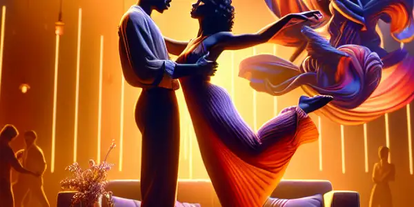 A vibrant film set scene featuring expressive actors, intimate emotions, and abstract symbols of human desires.