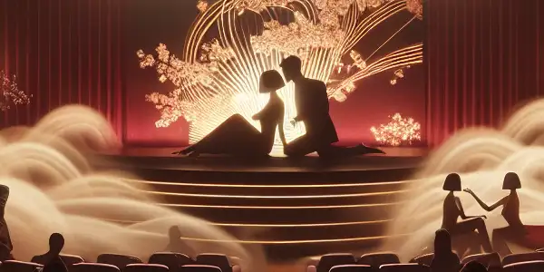 A luxurious movie theater scene featuring abstract silhouettes of couples, evoking romance and allure in adult cinema.
