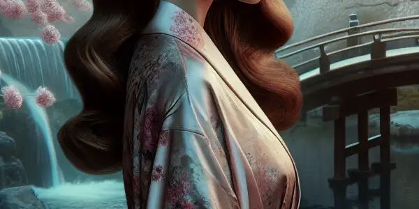 An elegant woman in a silky kimono stands in a serene Japanese garden with cherry blossoms and a koi pond.